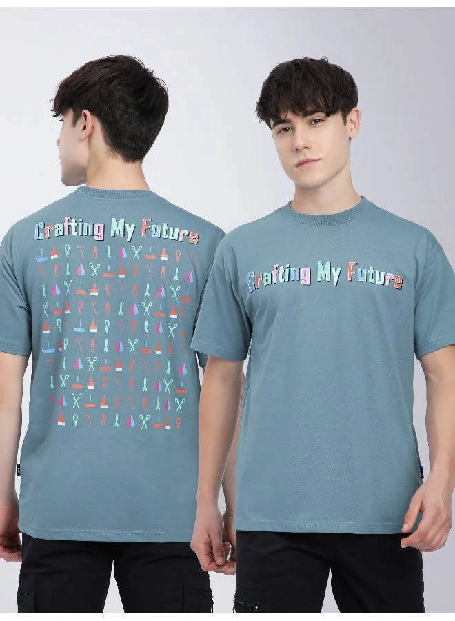 بيونغ تيشيرت مقاس كبير بطباعة حروف زرقاء دخانية